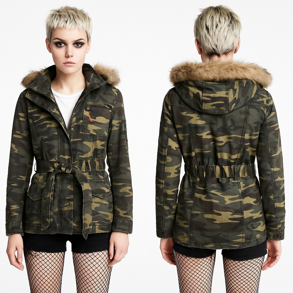 DAVID BITTON Camo Print Hooded Jacket Coat Parka Zip Up Lined Faux Fur Trim M